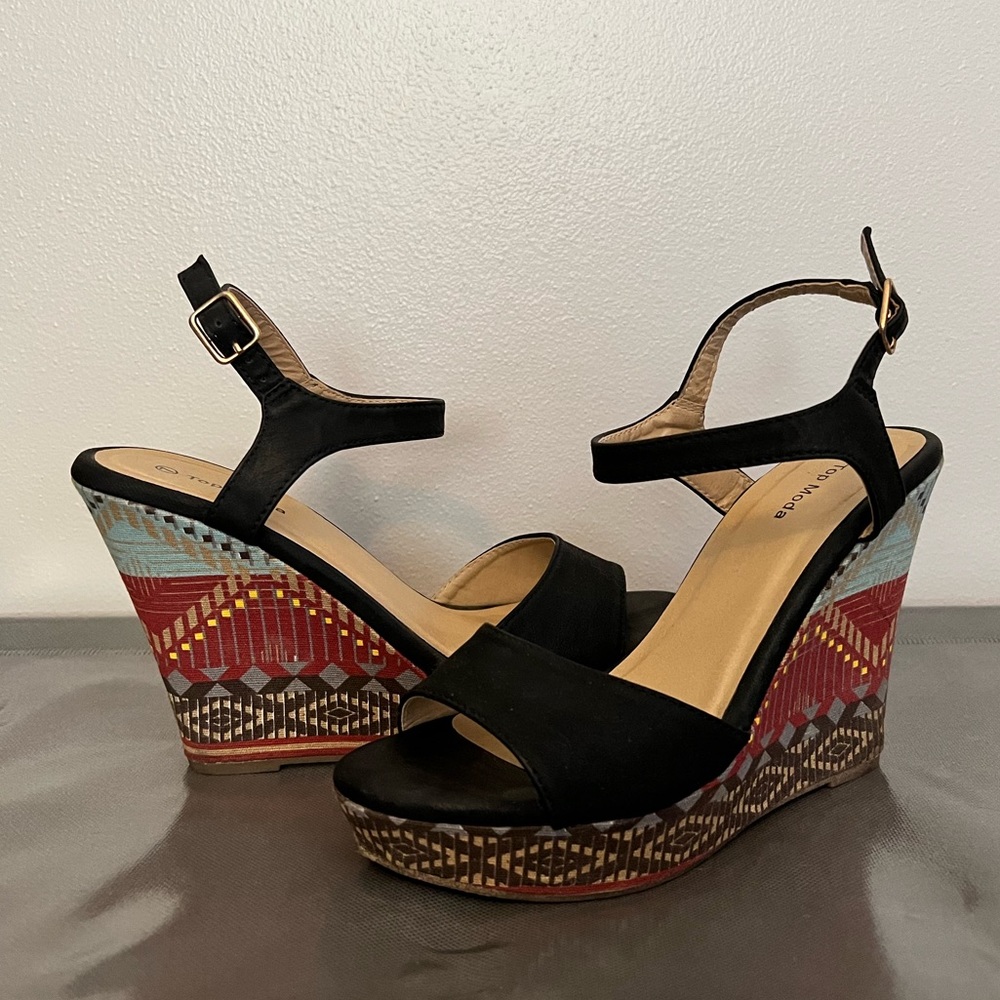TOP Moda Black Suede Wedge Sandals with Colorful Aztec Platform
